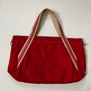 PRADA Vintage Ostrich Trimmed Tessuto Nylon Tote Red